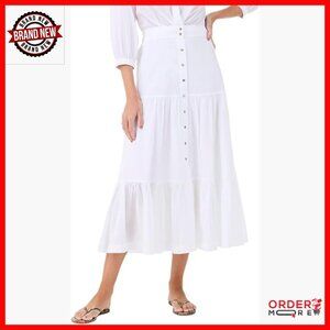 Cotton Tiered Maxi Skirt Below Knee A-Line Pull On Button Front